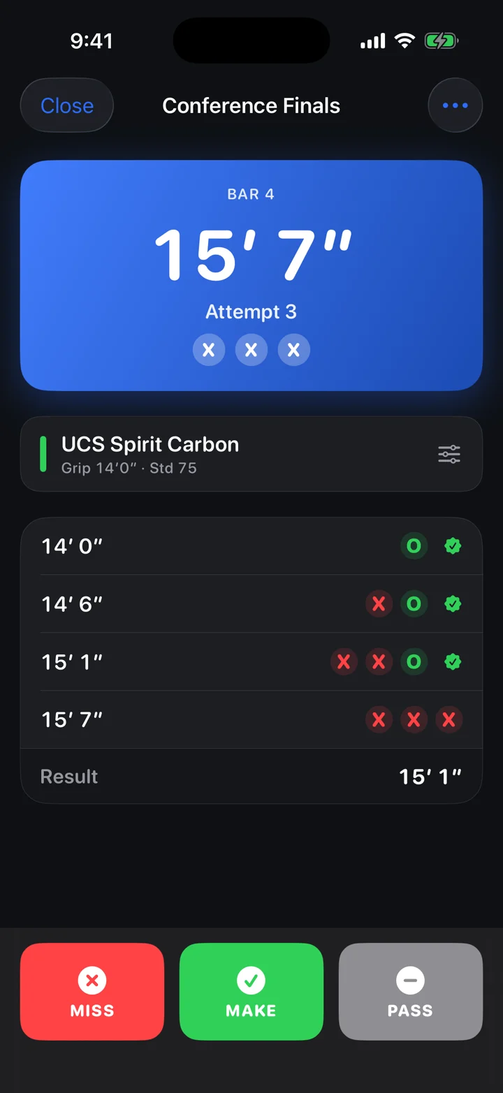 Meet Mode live board with current bar height and large MAKE, MISS, and PASS buttons