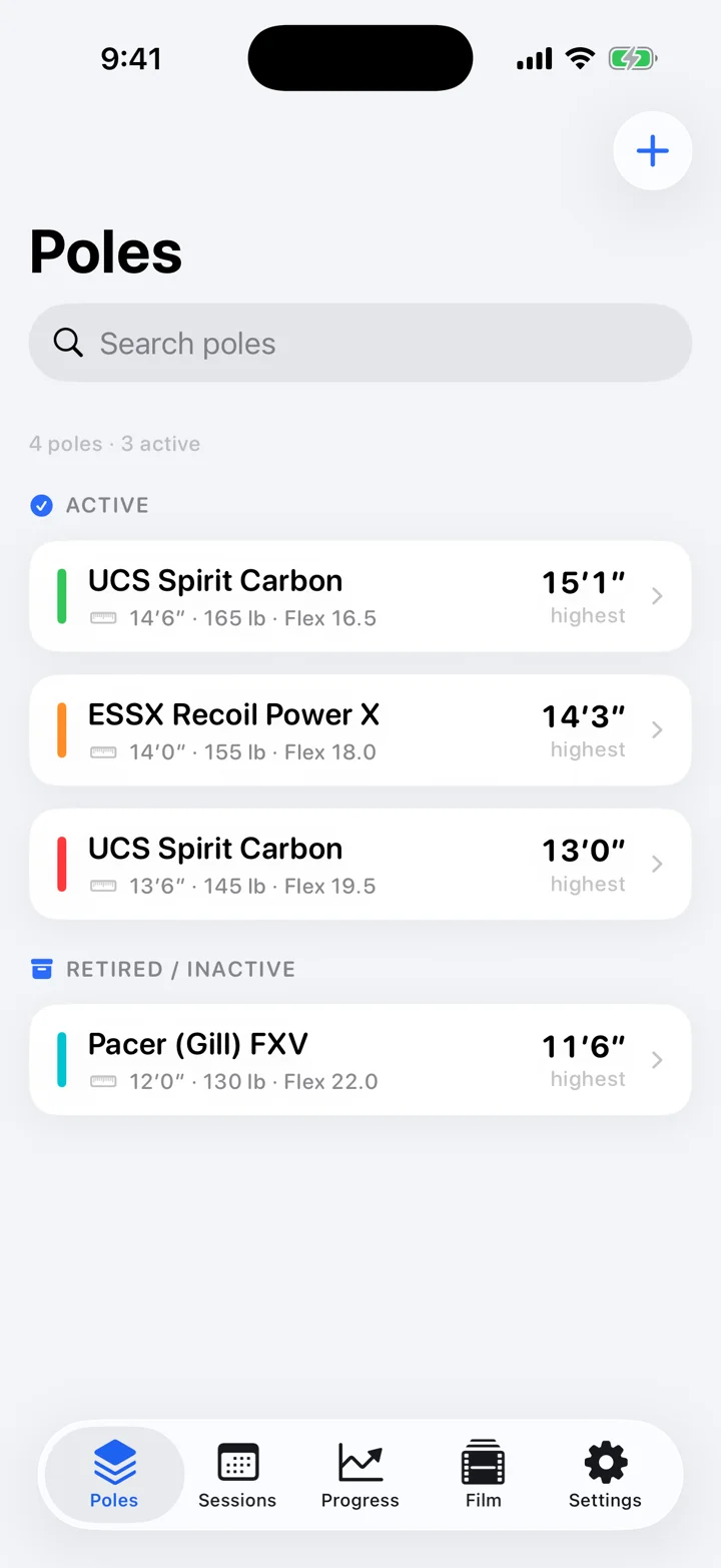 Pole inventory with specs and highest bar cleared per pole